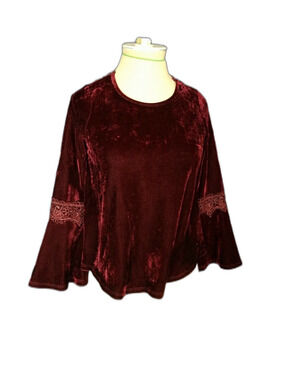 Soprano Velvet Womens Top Bell Sleeves Lace Trim Shirt Sz S